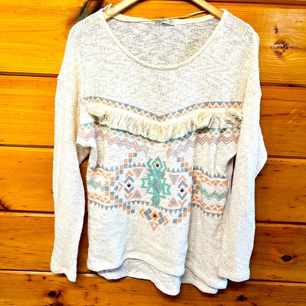 SuiteBlanco Boho Aztec Long Sleeve Fringe Knit Cotton Blend Top Cream M